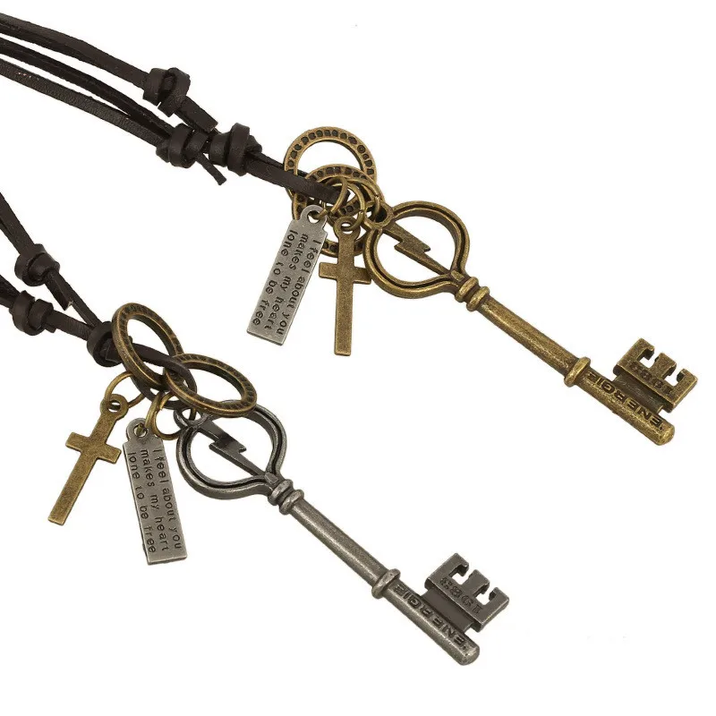 

Vintage Men's leather Necklace Big key lightning shape Necklace Pendents Cross letters Necklaces Pendent men Jewelry Gifts