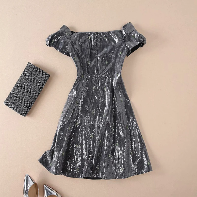 HIGH QUALITY New Fashion 2018 Designer Runway Dress Women's Slash Neck Stylish Sequined |