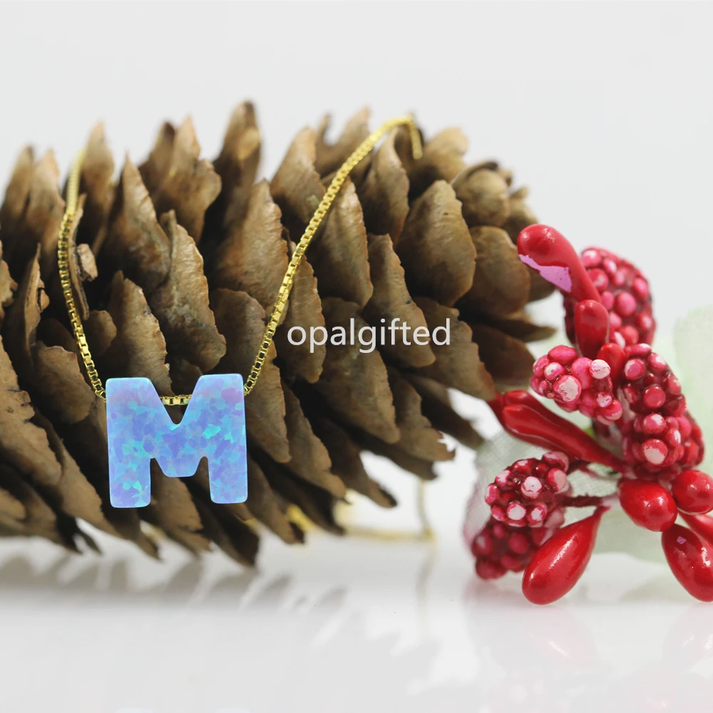 (1pc/lot)Free Shipping 10.8*10mm OP06 Fire Blue Synthetic letter M opal with 925 Silver box chain Fashion necklace | Украшения и
