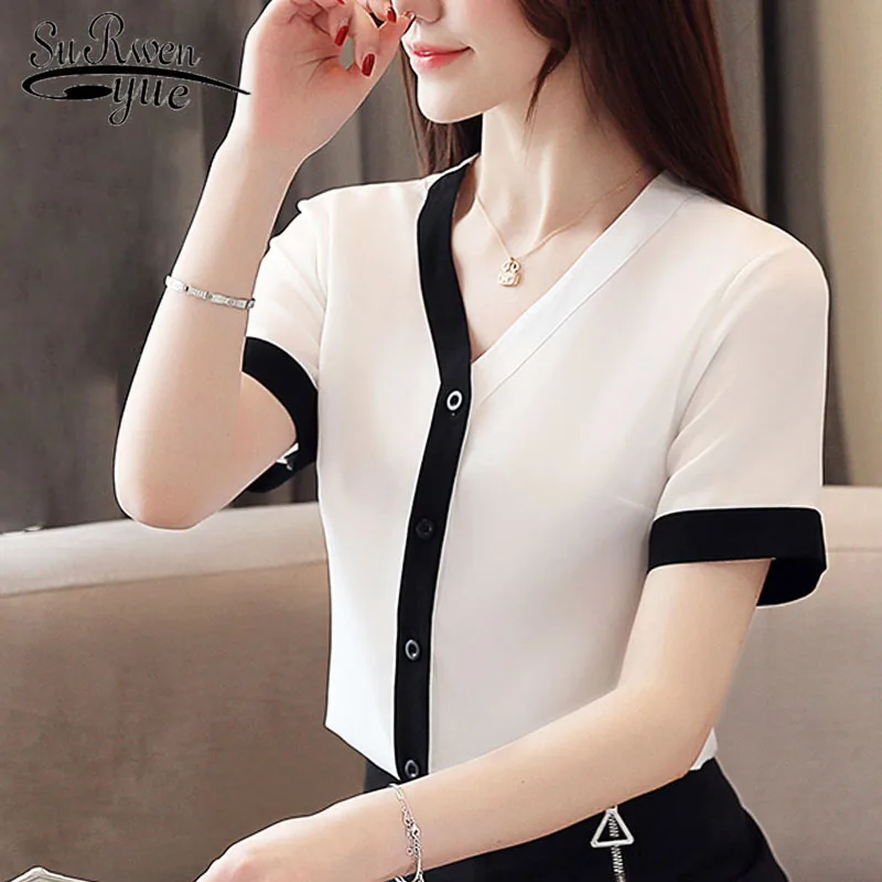 Women blouse and tops 2020 ladies white shirts chiffon button short sleeve V neck clothes 3900 50|Блузки| |