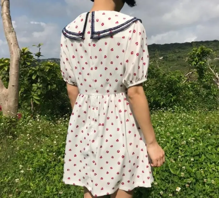 

2020 summer Retro polka dot small fresh dress women peter pan collar floral short sleeve printed dress