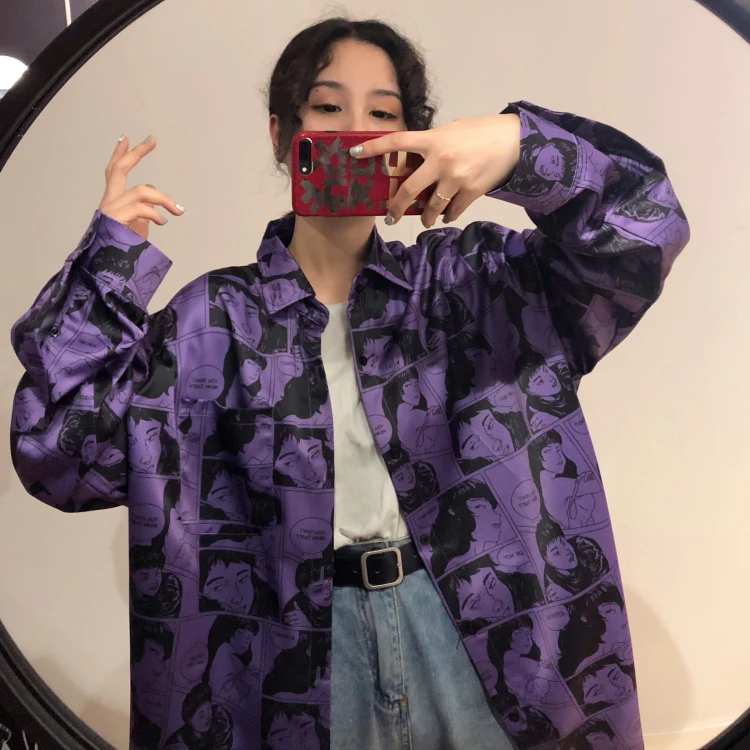 Новинка, Harajuku Ulzzang, рубашка, японский бойфренд, свободная, Ретро стиль, с принтом, длинный рукав, женские рубашки поло, рубашки в стиле хип-хоп