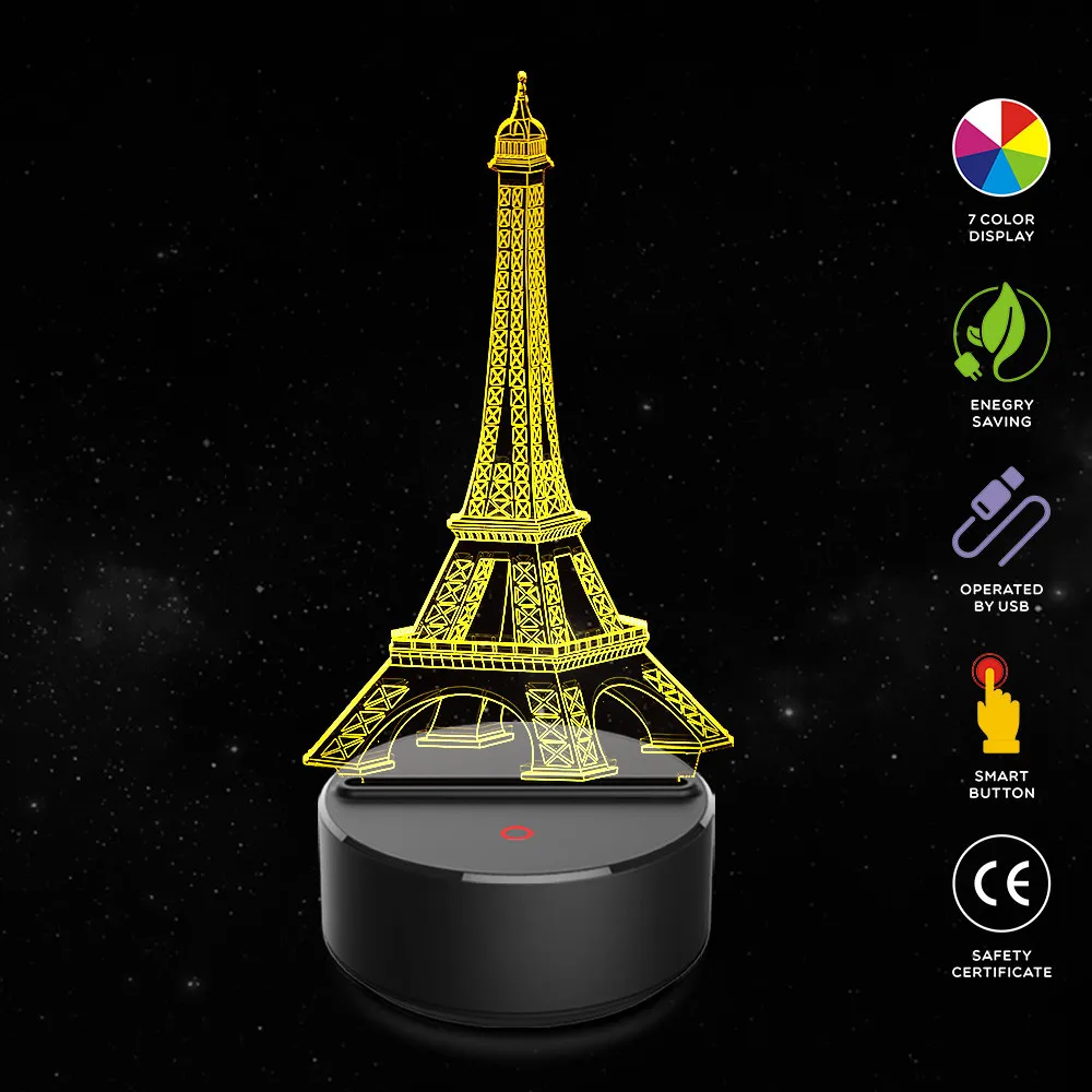 High Quality Eiffel Tower 3D Colorful Night Light Bedroom Table Desk Lamp 7 Colors 3D Optical Illusion Lights Drop Shipping