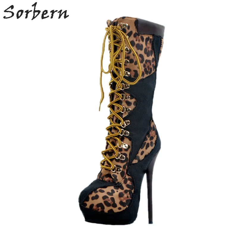 Леопардовые сапоги женские до середины икры на платформе и высоком каблуке с