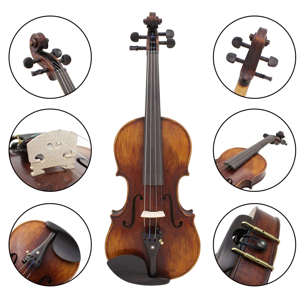 4/4 Full Size Handcrafted Solid Wood Acoustic Violin Fiddle with Carrying Case Tuner Shoulder Rest String Cleaning Cloth Rosin | Спорт и