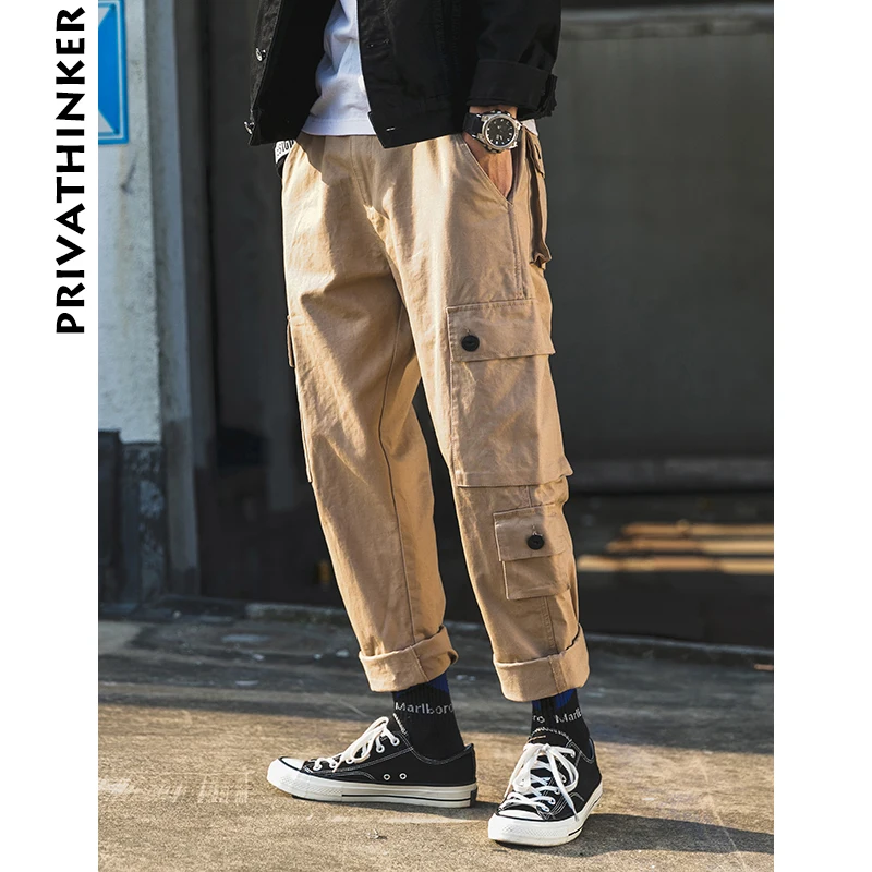 Мужские брюки карго Privathinker винтажные Японская уличная одежда прямые цвета хаки