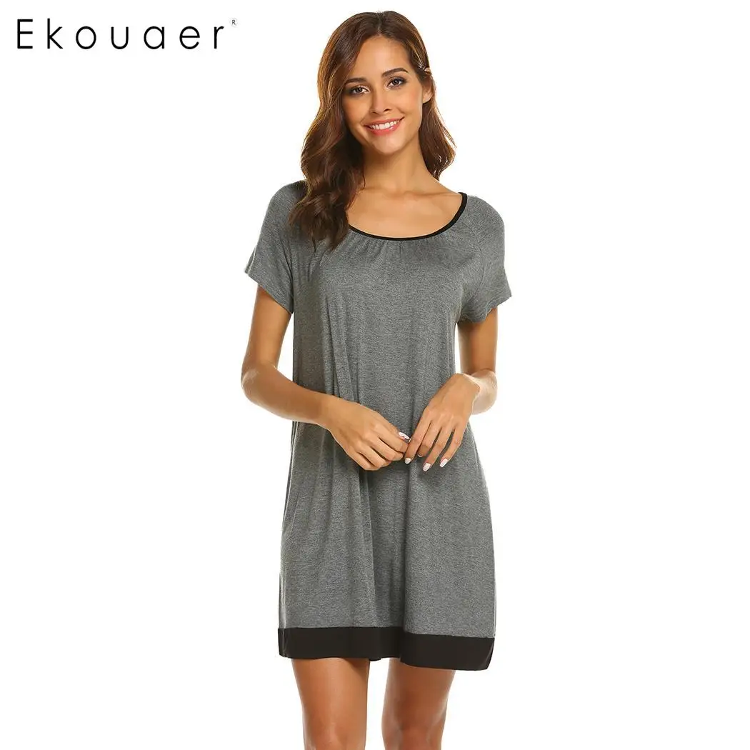Ekouaer, Женская Повседневная Ночная рубашка, ночная рубашка, короткий рукав, o-образный вырез, пэчворк, свободная сорочка, ночная рубашка, одежда для сна, домашняя одежда