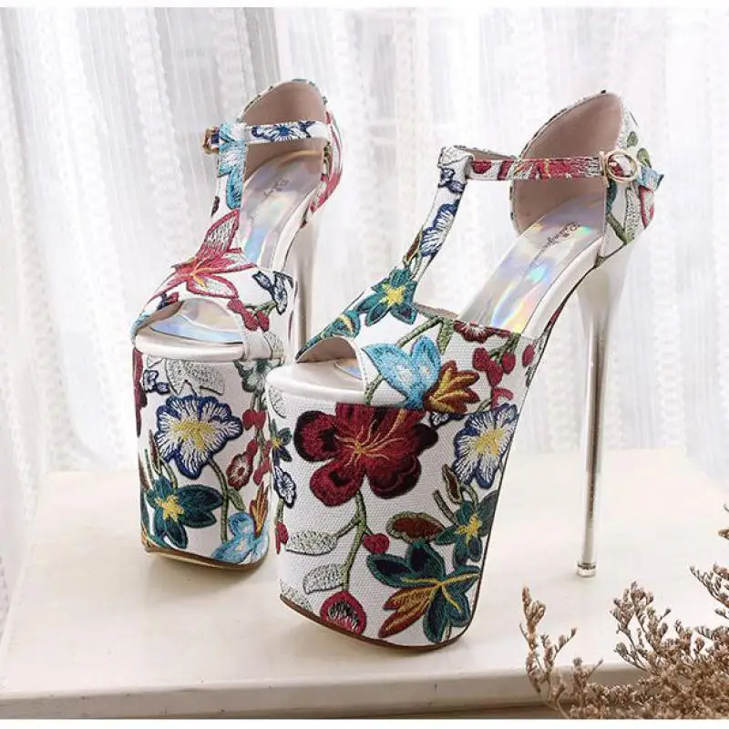 

20 Cm High Heel Thin Heel Sexy Shoes Women 11 Cm Platform T Strap Flower Ethnic Wind Large Size Nightclub Women's Sandals Summer