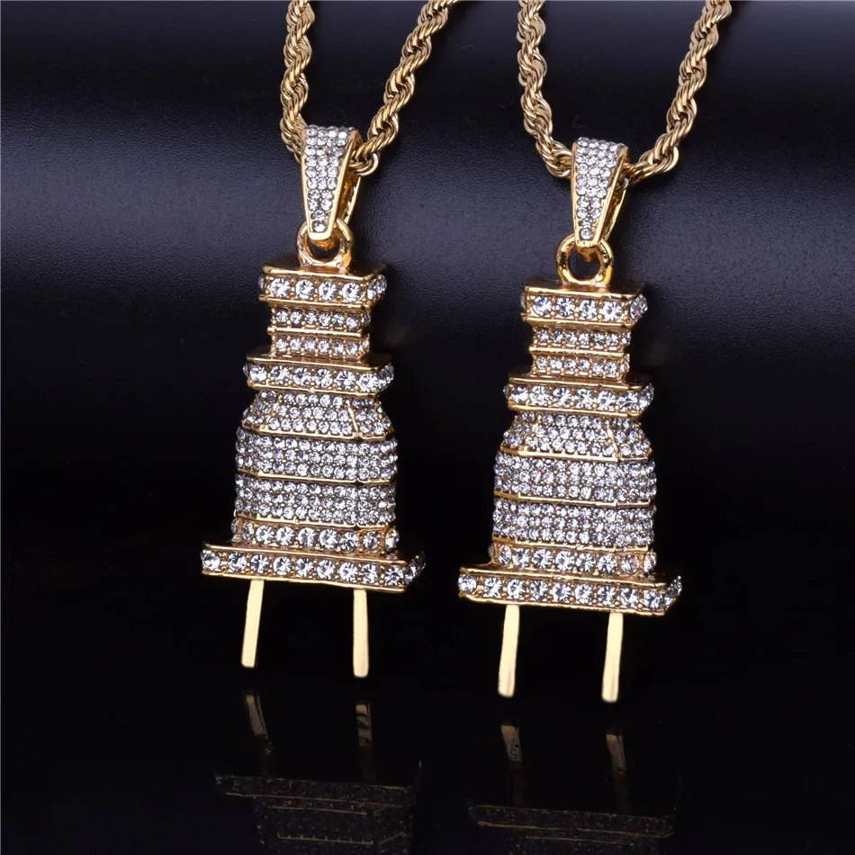 Для Мужчин's со Льдом Bling штекер ожерелье, подвеска из золота цвет серебра талисман микро проложить кольцо со стразами в стиле «хип-хоп» ювелирные изделия