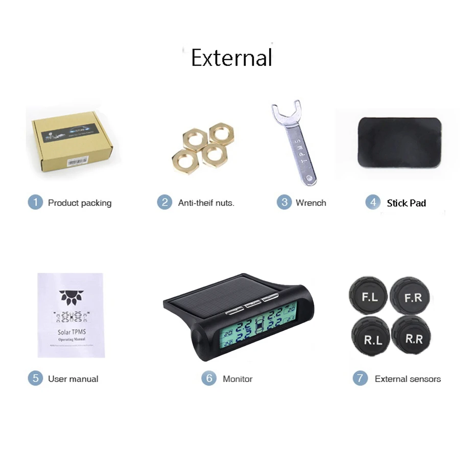 Система контроля давления в шинах TPMS на солнечной батарее 4 колеса