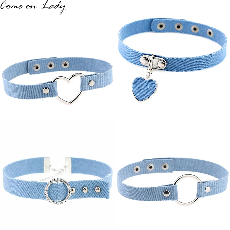 Blue Denim Heart Pendant Choker Necklace For Women Jeans Chokers tattoo Collar Collier ras de cou colar bijoux femme CR037