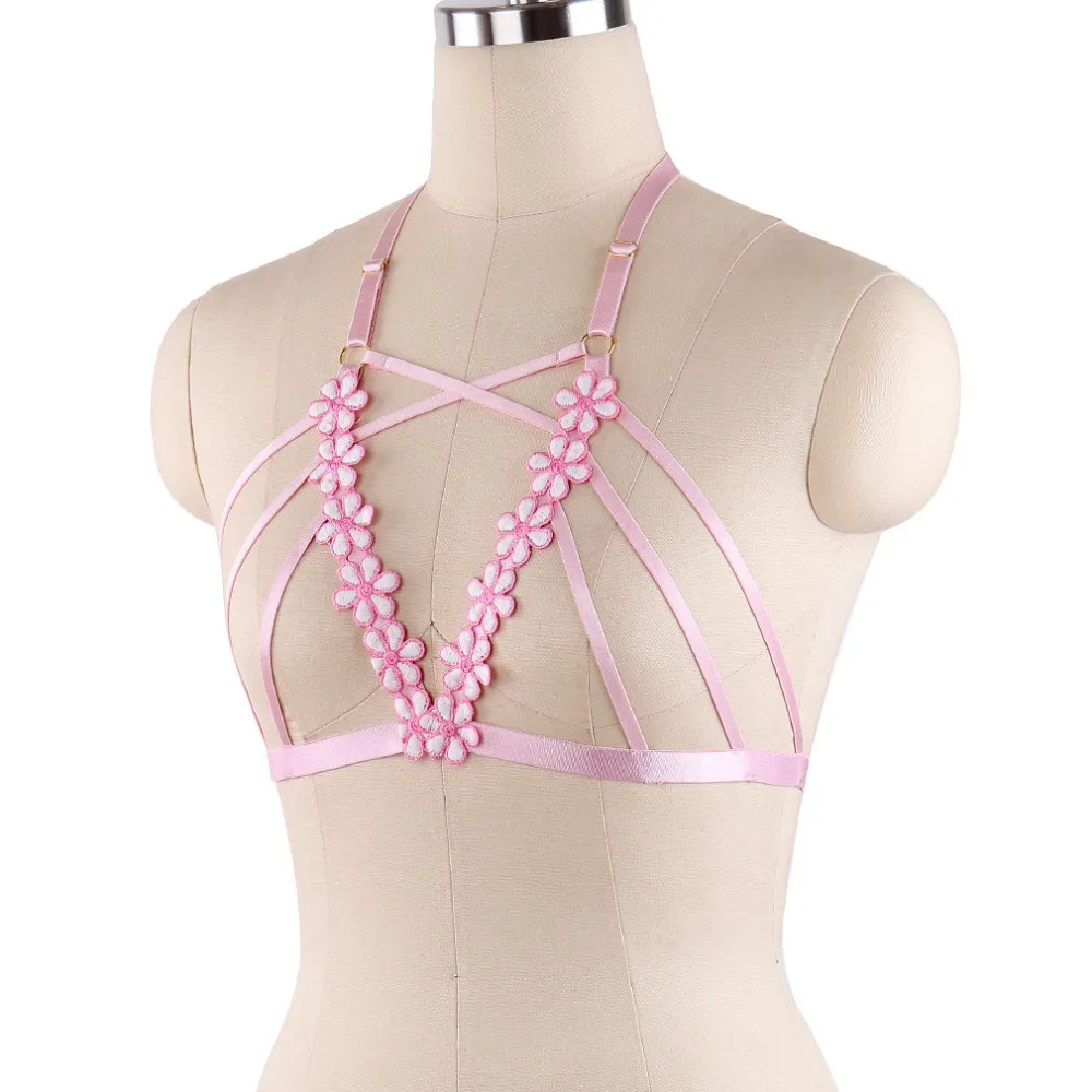 Женский бюстгальтер портупея с вышивкой и розовыми цветами|harness bra|harness sexybody harness |