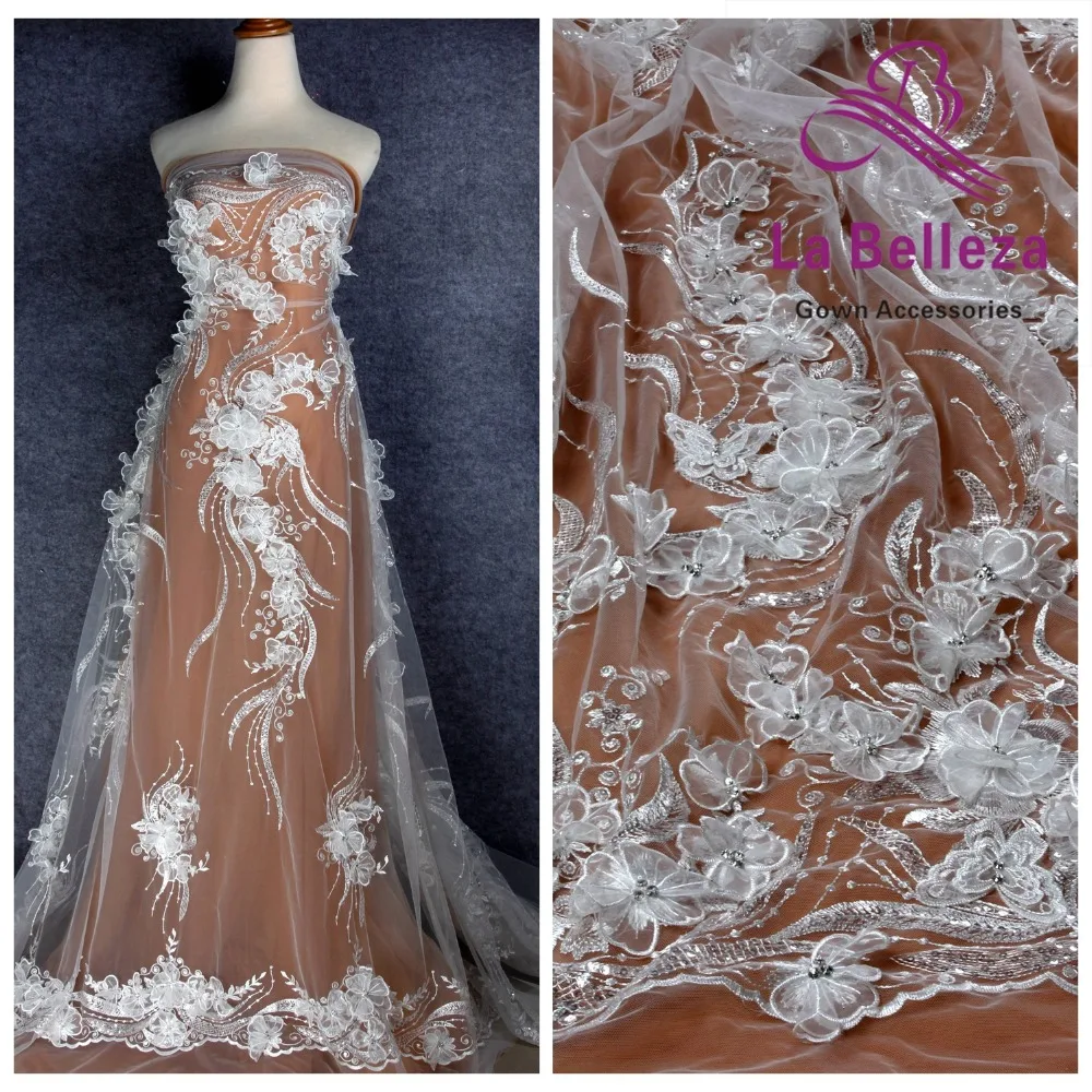 La Belleza 1 ярд новая кружевная ткань ручной работы с 3D цветком из белой органзы с цветами и кристаллами для свадебного платья кружевная ткань