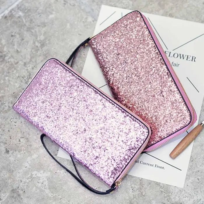 Hot Selling Women Long Wallet Sparkly Sequins PU Leather Bag Hand-held Phone Card Holder-B5