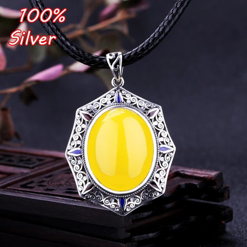 

100% S925 Sterling Silver Color Vintage Old Pendant Blank 17*22MM Empty Inlay Beeswax Amber Female Models Pendant Care