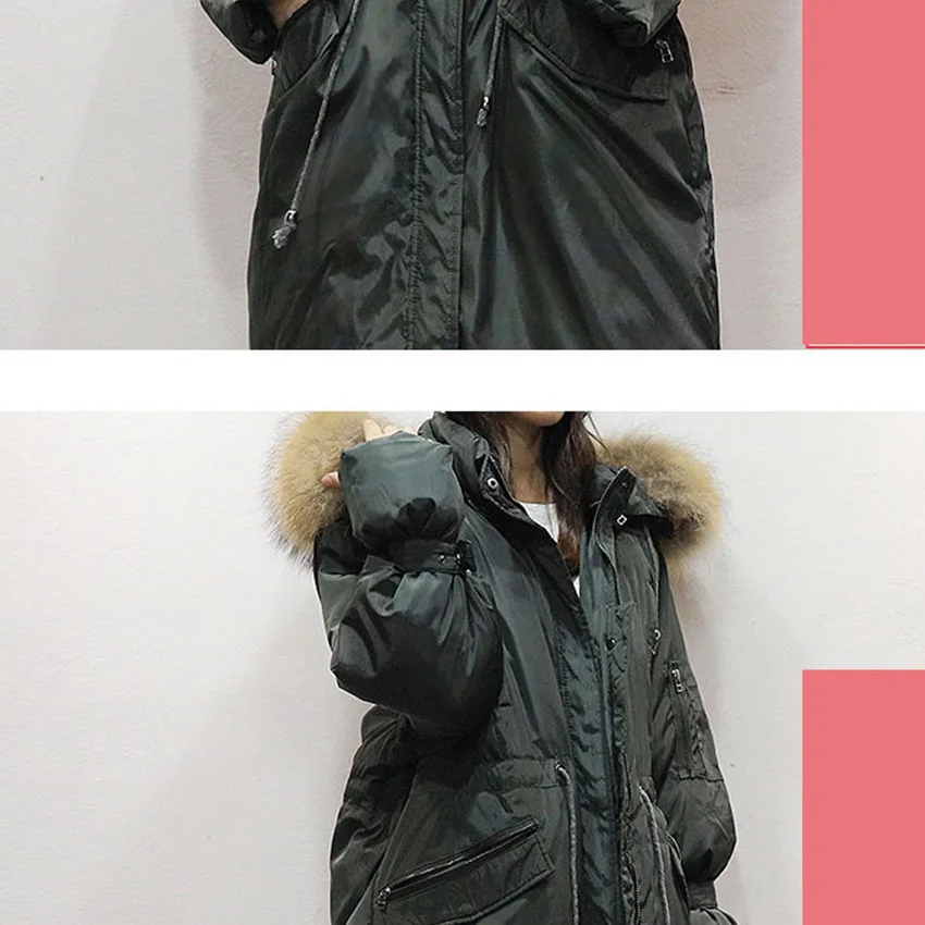 

Detachable natural raccoon fur collar hooded down coat outerwear women adjustable waist sashes tails design down jacket