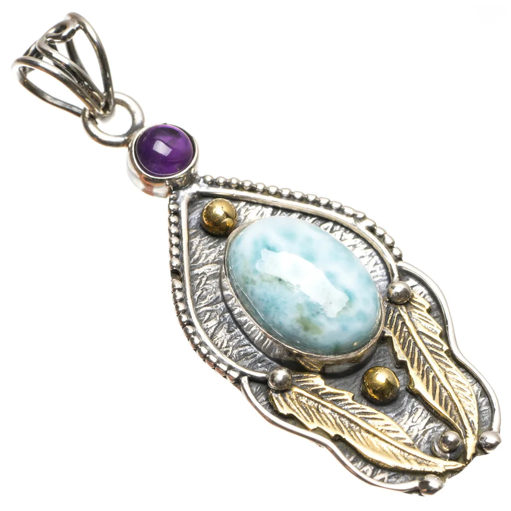 StarGems (tm) натуральный два тона Caribbean Larimar и Аметист Boho Стиль 925 Серебро кулон 2 &quotS0307 |