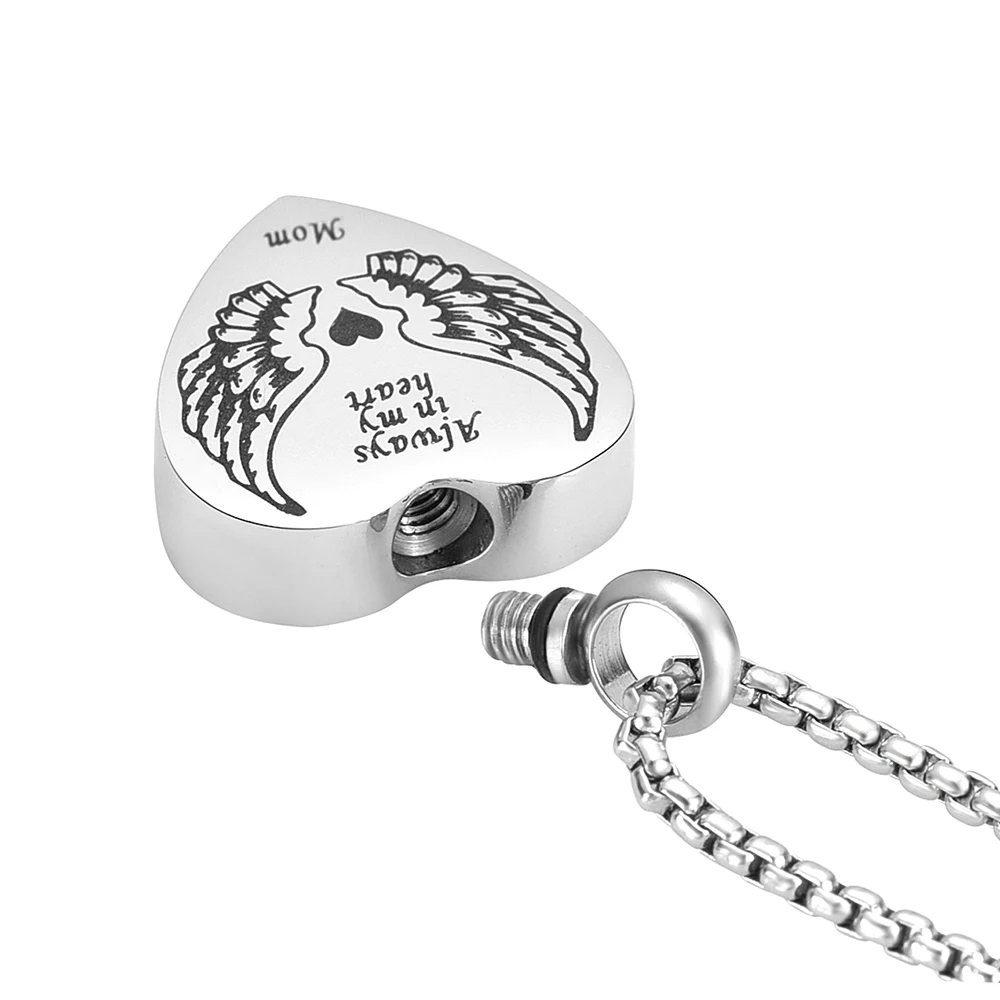 

JJ001 Engraving Angel Wing Heart Stainless Steel Memorial Urn Pendant Hold Ashes Of Loved Ones - Always In My Heart