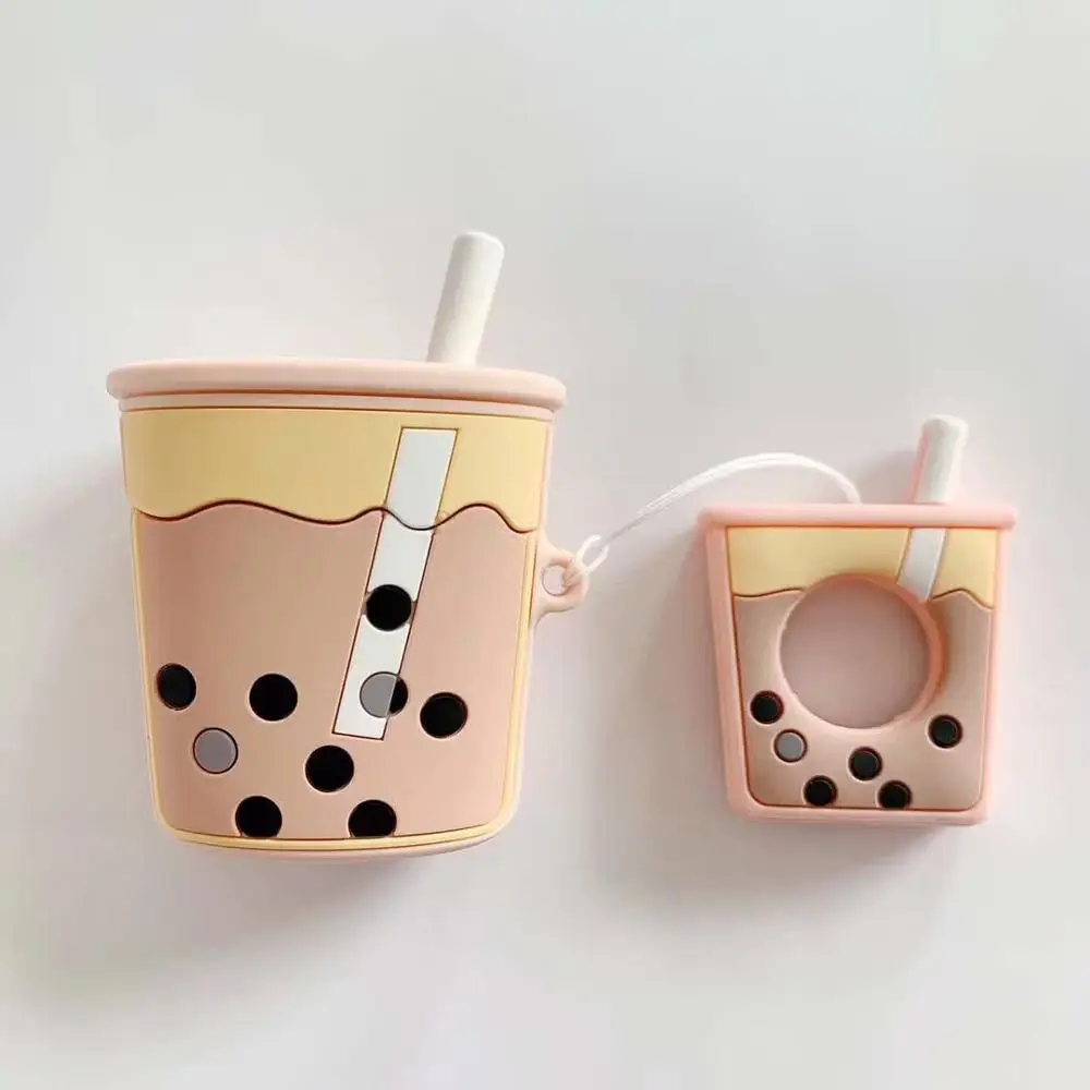 For AirPods 1 2 Case 3D Cartoon Cute Funny Milk Bubble Tea Drink Bottle Bluetooth Wireless Earphone Cover with Finger Ring Strap |
