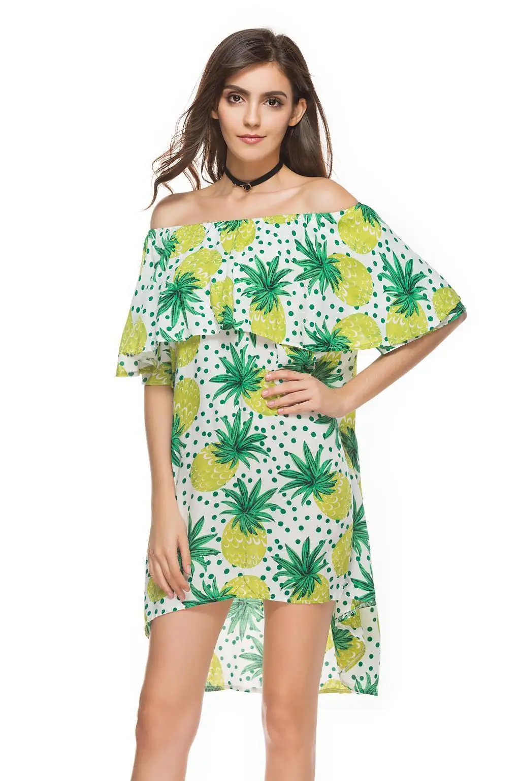 Loneyshow Summer 2018 Off Shoulder Sexy Print Loose Dress Slash Neck Pineapple Women | Женская одежда