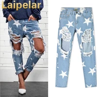 2021 new women print five pointed star vintage boyfriend holes ripped jeans trousers female denim lady pants