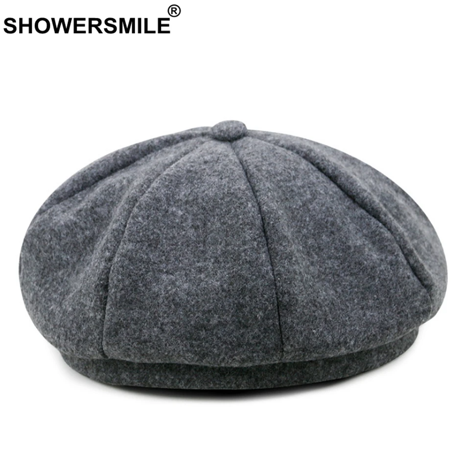 SHOWERSMILE женские береты шапки Серая шерстяная шапка женская мода восьмиугольная однотонная Кепка художника зимняя теплая мягкая Высококачественная шапка для художника