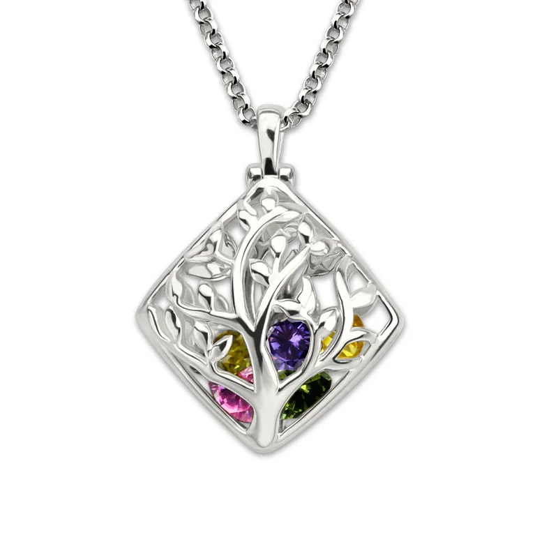 

Wholesale White Gold Color Cage Family Tree Necklace Custom Birthstone Necklace Mother's Jewelry