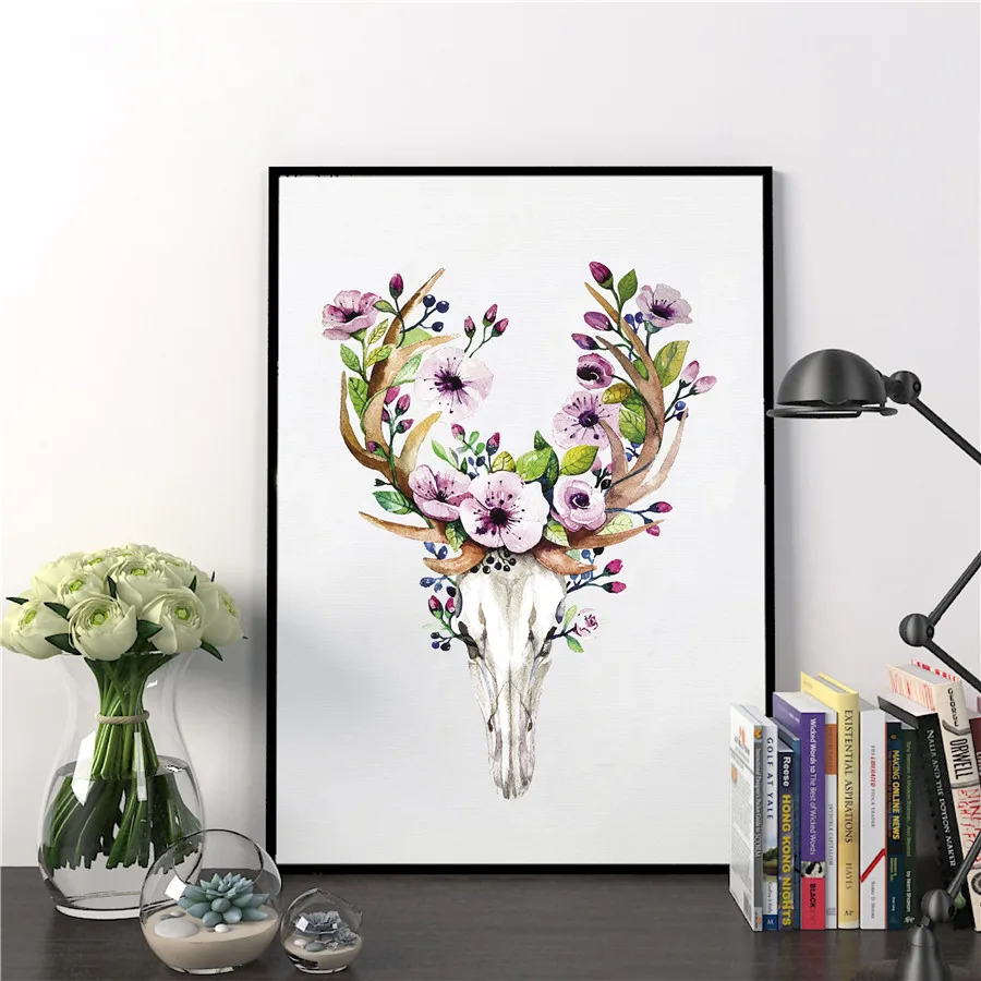 Богемный акварельный олень постер с изображением черепа художественные принты