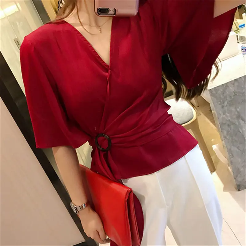Hzirip Chic Female Sweet Summer Fresh Sashes Irregular High Quality Fashion Loose Short Flare Sleeve Casual Solid Chiffon Shirts | Женская
