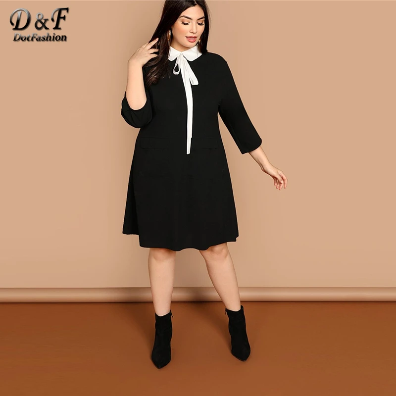 Dotfashion, платье размера плюс, черное, с завязками на шее, с контрастным воротником, с карманами спереди, женская одежда, осень, повседневное, до колена, консервативное платье