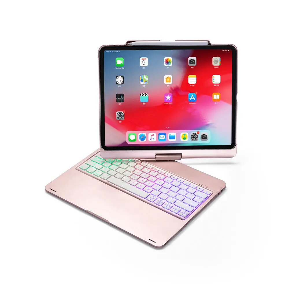 Rose Gold Для iPad Pro 12,9 3-го поворотного 360 градусов светодиодный беспроводной Bluetooth чехол с клавиатурой на русском/испанском/иврите - Цвет: Rose Gold