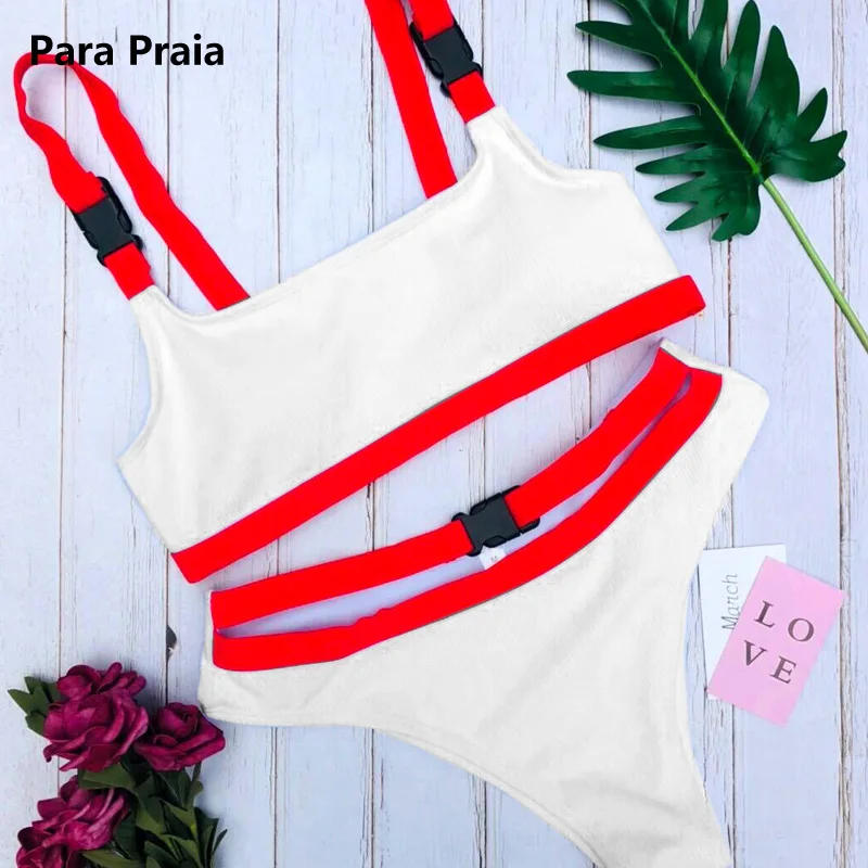 Halter Bandeau Swimwear Belt Buckle Bikini Set Women Swimsuit Sport Sexy Bathing Suit High Cut Swimwear Thong Swim Wear