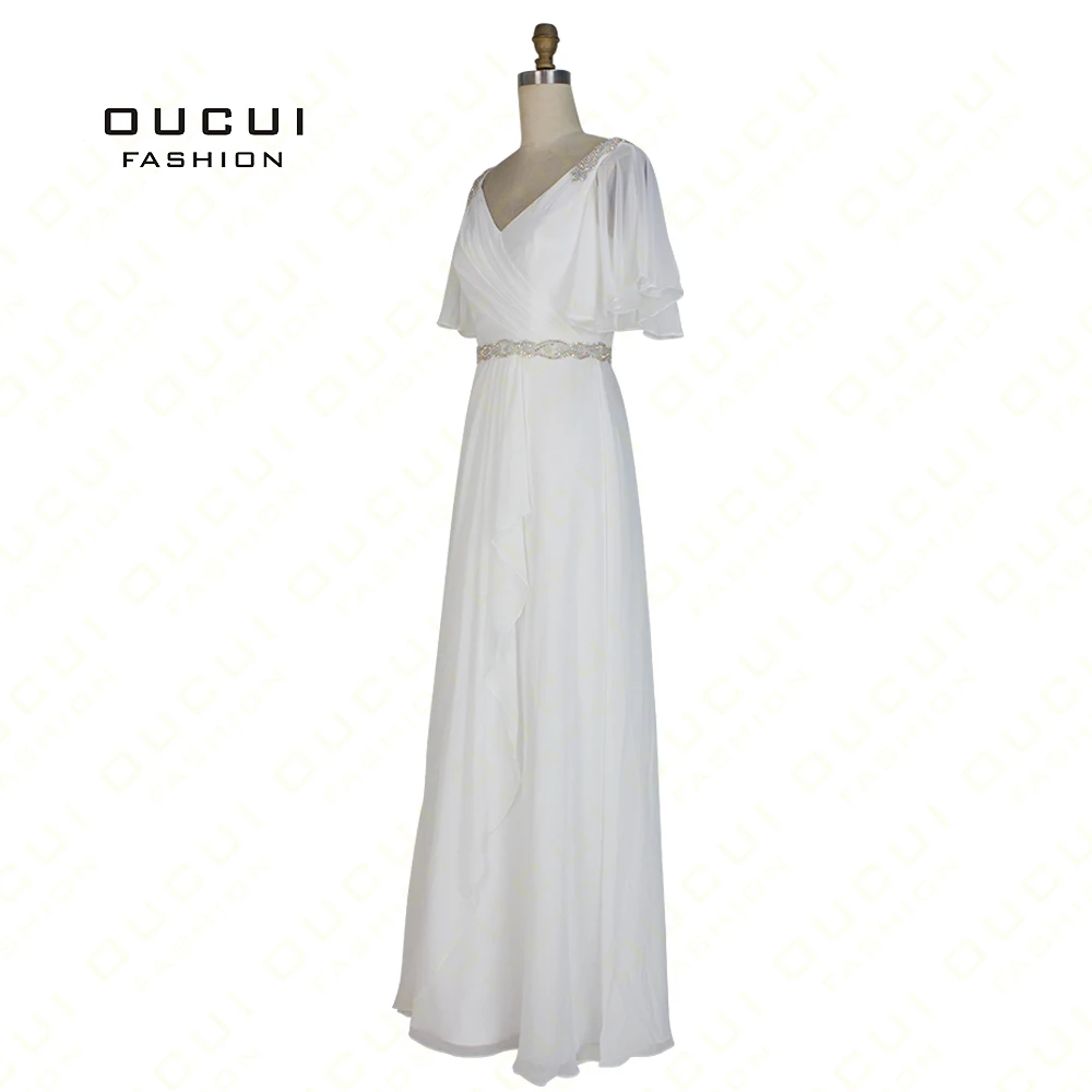 Real Photos Beaded Belt Handmade Chiffon A Line Long Evening Dress Pleat White dress Shoulder Crystal OL102852 | Свадьбы и торжества