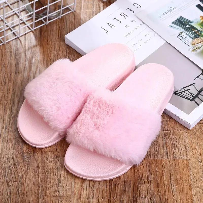 Тапочки женские zapatos mujer слипоны ползунки пушистого искусственного меха плоской