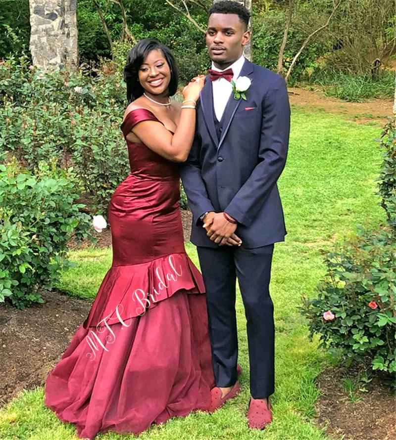

Mermaid Burgundy 2019 New Evening Dress Off The Shoulder Boat Neck Tulle Satin Long Formal Dresses Custom Made Robe De Soiree