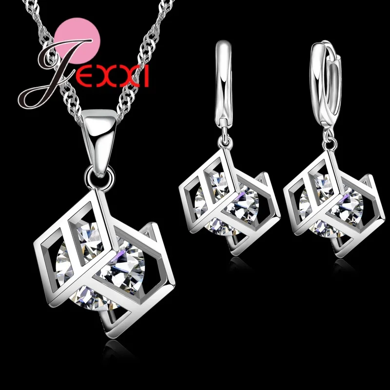 Hot Sale Jewelry Set 925 Sterling Silver Pendant Necklace Earrings Shiny Zircon Romantic   Gift for 