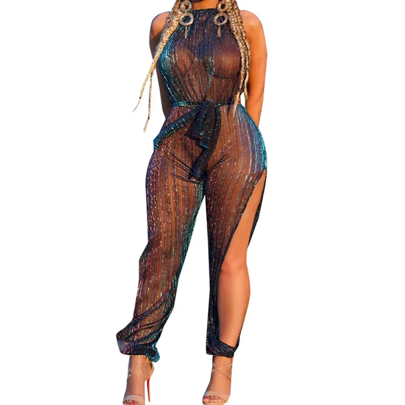 

Sexy Mesh Multicolor Rhinestones Mesh Jumpsuit Long Sleeve Stretch Leggings Singer Costume Women's Dance Birthday costumes