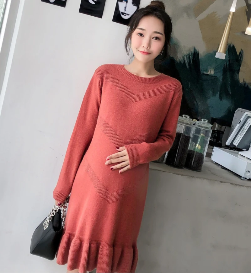Maternity Plus Size Loose Knit Dress for Pregnant Women Solid Ruffles Sweater Dresses Pregnancy Clothes Casual Long Pullovers | Мать и