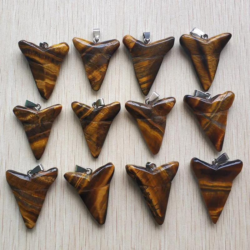 

2018 New fashion hight quality natural tiger eye stone shark teeth shape pendants for jewelry making 12pcs/lot wholesale free