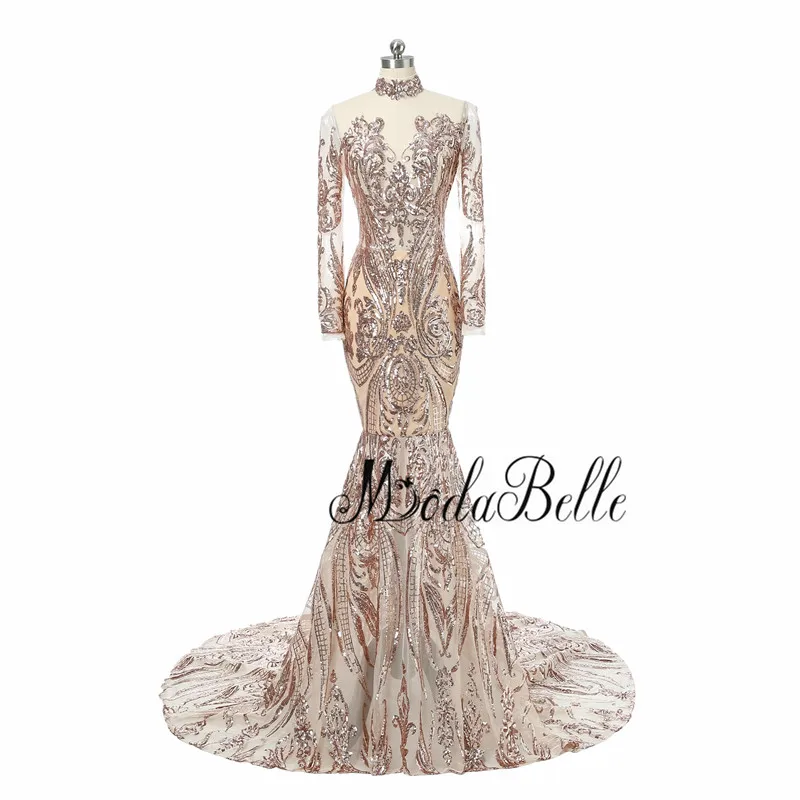 rose gold Modabelle роскошные сексуальные черные вечерние платья Русалка блестками Длинные Поезд Вечерние платья с рукавами Формальные платья - Цвет: rose gold