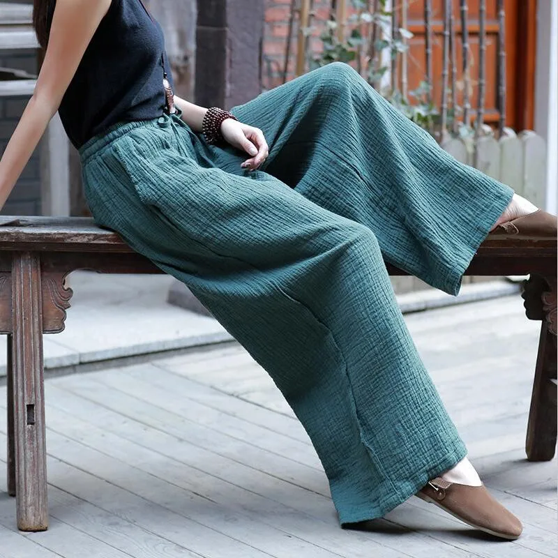

2022 Women Long Straight Pants Drawstring Casual Loose Spring Pants Vintage Elegant Wide Leg Pants -