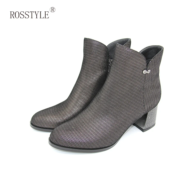 

ROSSTYLE 2018 Two Not The Same Colour Heels Women Boots Zipper Ankle Boots Square High Heel Spring Autumn Boots Black Coffee B11