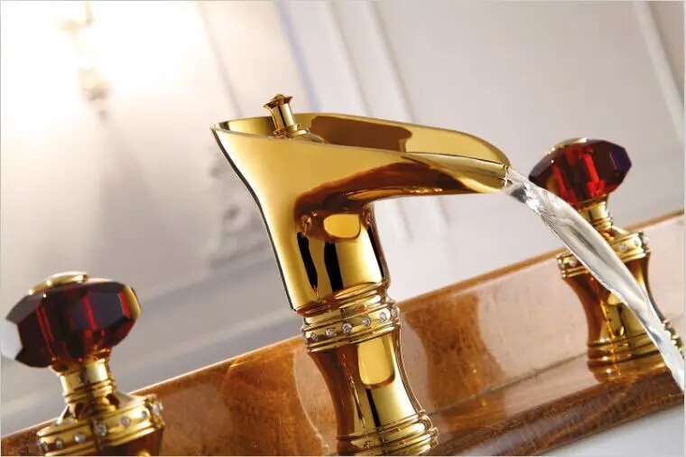 

Free ship Gold 8" WIDESPREAD LAVATORY BATHROOM SINK FAUCET Wine Red Crystal handles knobs Mixer faucet Deck mounted