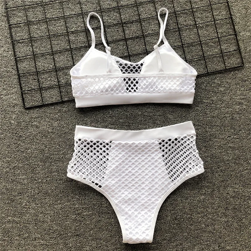 

Push Up Bikini 2019 Mesh High Waist White Swimsuit Female Sexy V Neck Thong Brazilian Swimwear Women Bathing Suit Swim Suits