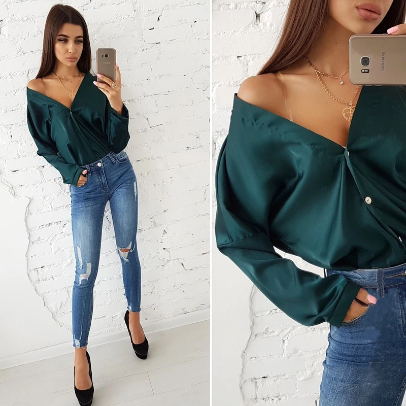 2019 Autumn fashion women loose blouse sexy v-neck long-sleeved bat sleeve shirts casual solid color elegant tops |