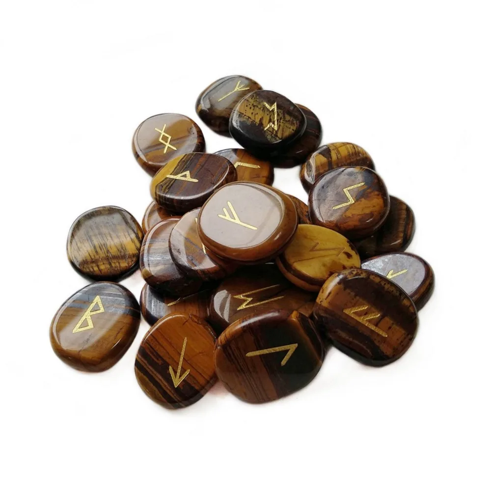 25 шт. Природный Тигровый глаз ладони камень Викинг руны камни комплект резные
