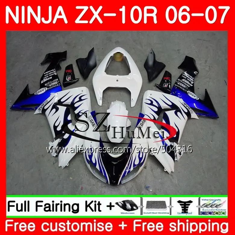 

Bodywork For KAWASAKI NINJA ZX10R 06 07 ZX1000C 16SH12 ZX-10R 06-07 ZX1000 C blue flames ZX 10 R ZX 10R 2006 2007 Fairings kit