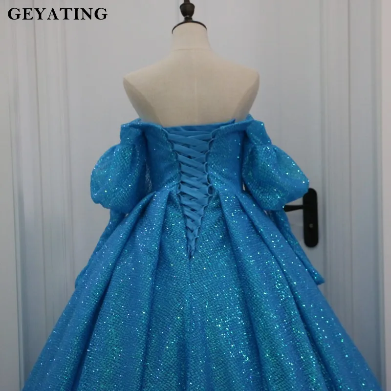 Роскошные Синие Бальные платья Золушки с блестками Vestido de 15 anos, бальное платье с открытыми плечами, милое 16 платье с пышными рукавами