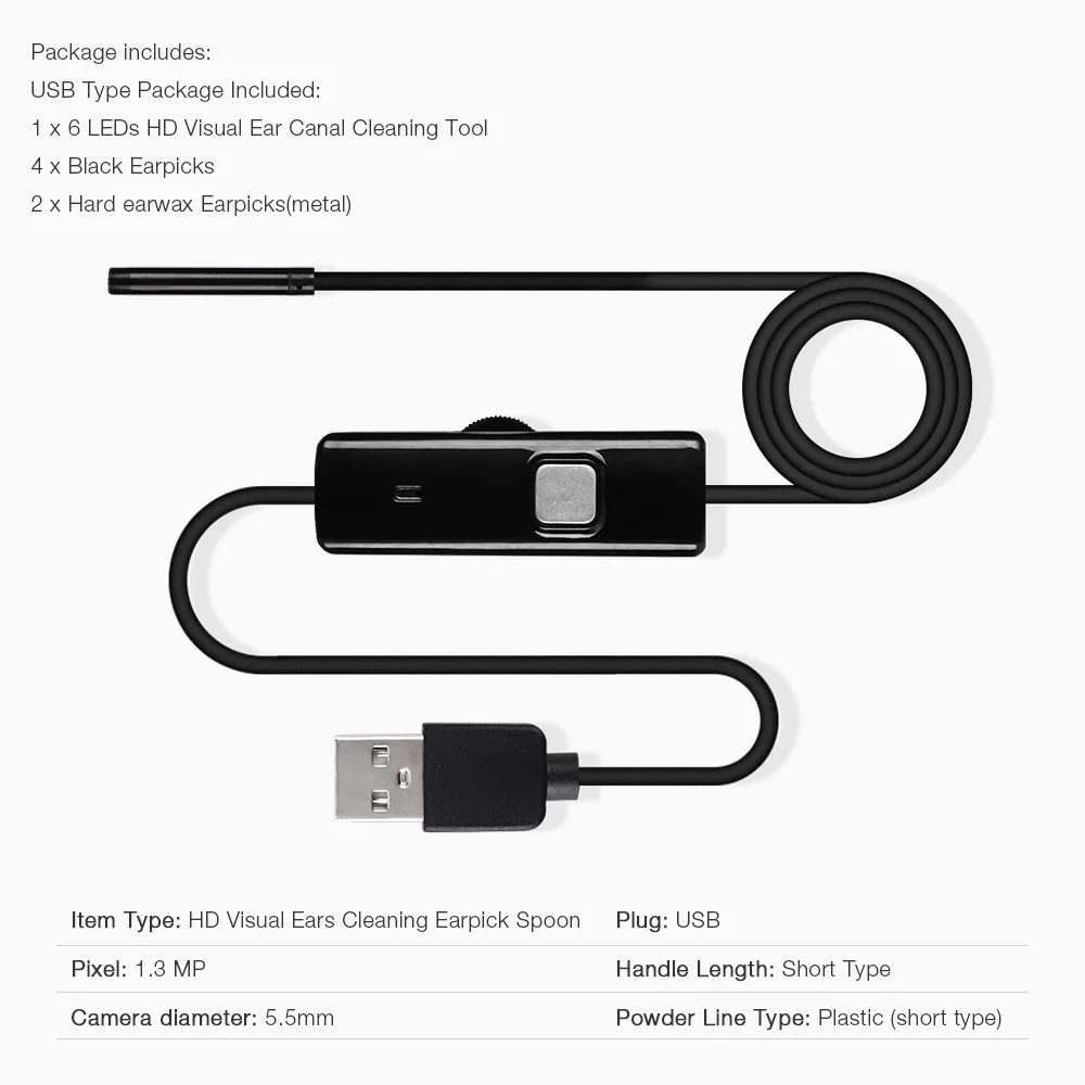 3 в 1 USB HD визуальная Ушная ложка для чистки ушей эндоскоп 5,5 мм мини-камера Android PC ушной отоскоп бороскоп инструмент забота о здоровье