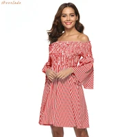 newest women strips long special sleeve off shoulder dresses ladies casual meeting clothes female lovely original fashion style